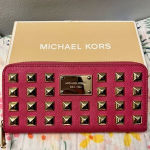 Michael Kors Pink Leather Studded Zip Around Wallet